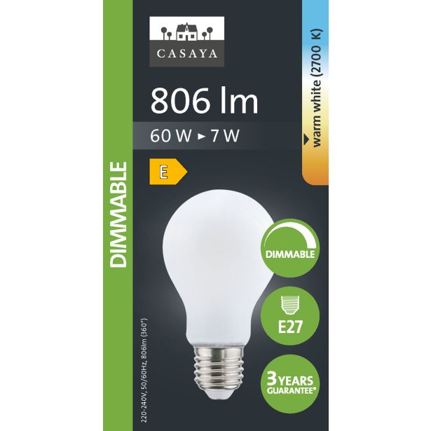 LED ŽARNICA E27 CASAYA MAT ZATEM. KLAS. A60 7W 810LM 2700K