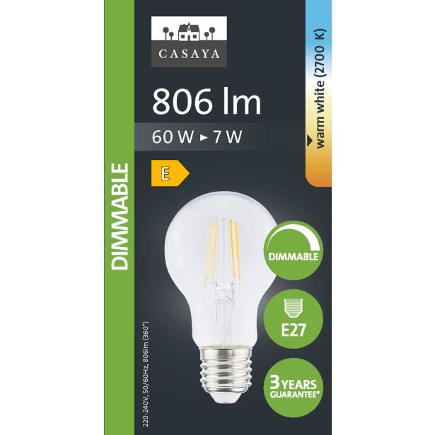 LED ŽARNICA E27 CASAYA ZATEM. KLAS. A60 7W 806LM 2700K