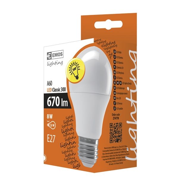 LED ŽARNICA E27 EMOS 220-240V A60 8W /NW KLASIK 300°