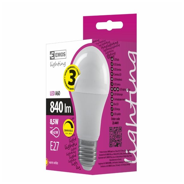 LED ŽARNICA E27 EMOS 220-240V DIMM A60 8.5W/WW ZATEMNILNA