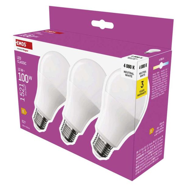 LED ŽARNICA E27 EMOS CLS A60 13W(100W) 1521LM E27 NW 3PC