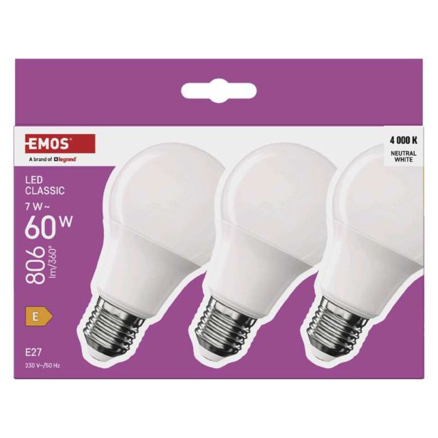 LED ŽARNICA E27 EMOS CLS A60 7W(60W) 806LM E27 NW 3PC