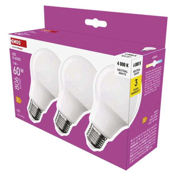 LED ŽARNICA E27 EMOS CLS A60 7W(60W) 806LM E27 NW 3PC