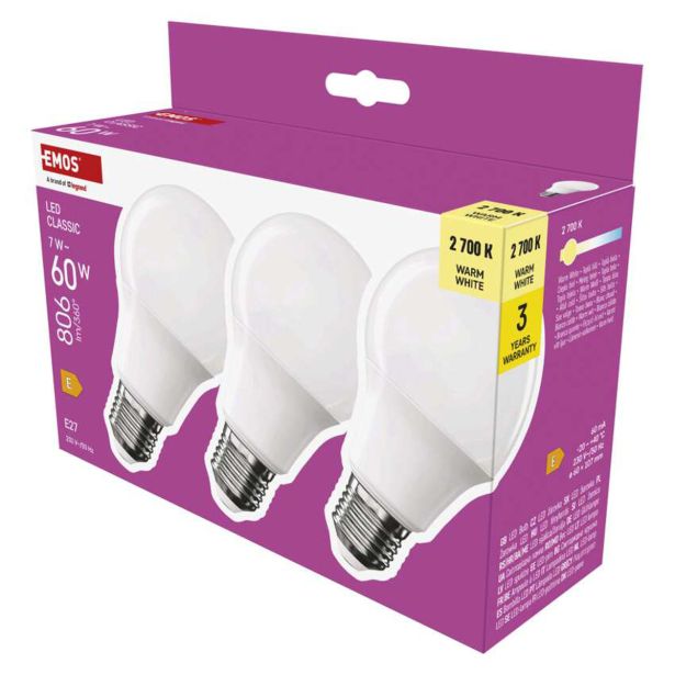 LED ŽARNICA E27 EMOS CLS A60 7W(60W) 806LM E27 WW 3PC