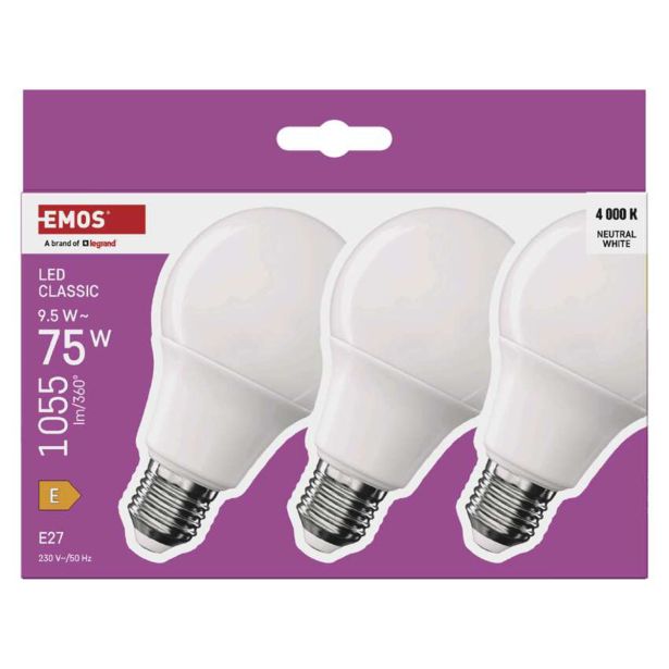 LED ŽARNICA E27 EMOS CLS A60 9.5W(75W) 1055LM E27 NW 3PC