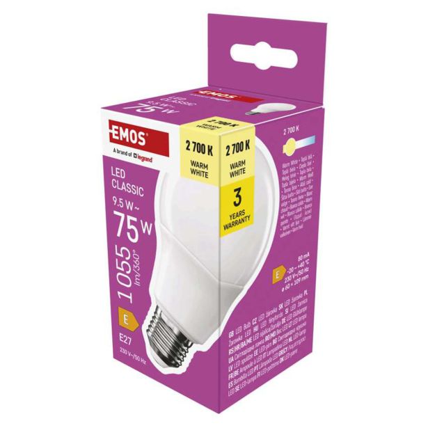 LED ŽARNICA E27 EMOS CLS A60 9.5W(75W) 1055LM E27 WW