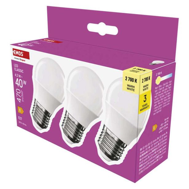 LED ŽARNICA E27 EMOS CLS MINI GLOBE 4.2W(40W) 470LM E27 WW 3PC