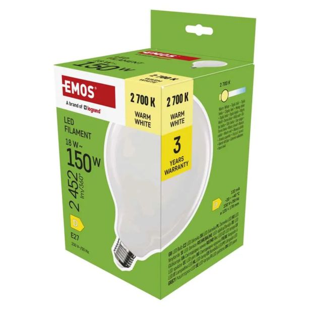 LED ŽARNICA E27 EMOS FLM G125 GLOBE 18W WW