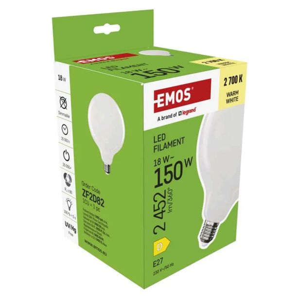 LED ŽARNICA E27 EMOS FLM G125 GLOBE 18W WW
