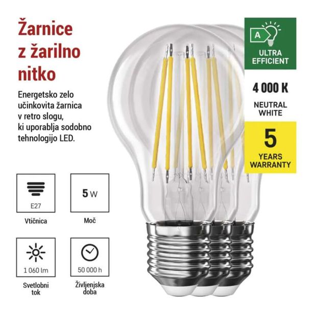LED ŽARNICA E27 FLM A60 5W(75W) 1060LM E27 NW A CLASS 3/1