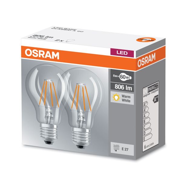 LED ŽARNICA E27 OSRAM BASE CLA60 6W/827 CL 220-240V FILAMENT PAK/2