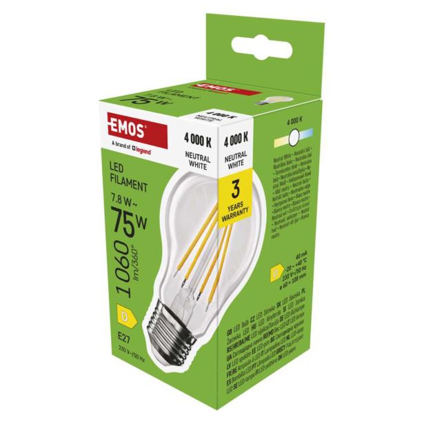 LED ŽARNICA FILAMENT A60 / E27 / 7,8 W (75 W) / 1060 LM / NEVTRALNA BELA