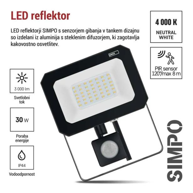 LED ZUNANJI REFLEKTOR EMOS SIMPO 30W 3000LM IP44 NW SENZOR