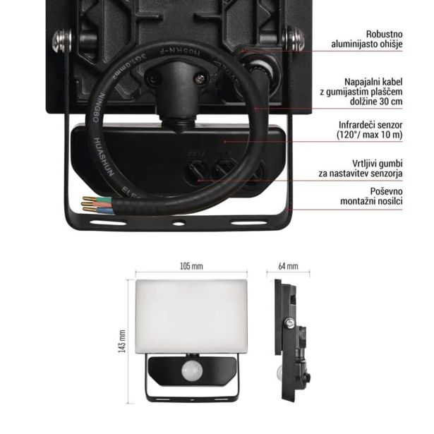 LED ZUNANJI REFLEKTOR TAMBO 10W 1000LM PIR