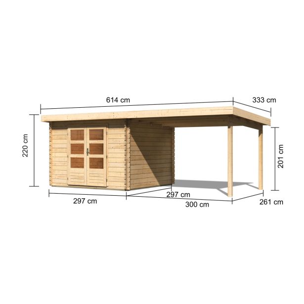 LESENA VRTNA HIŠKA KARIBU BASTRUP 5 + MONTAŽNA STREHA 3M BARVA LESA 297X297X222