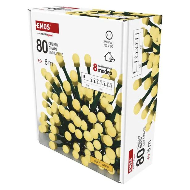 LUČKE EMOS LED KROGLICE 8M ZUN/NOT TOPLA BELA ČASOVNIK