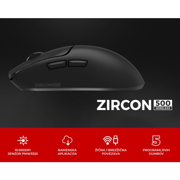 MIŠKA/KAZALNIK GENESIS ZIRCON 500 G2 BREZŽIČNA GAMING-PISARNA 10.000DPI