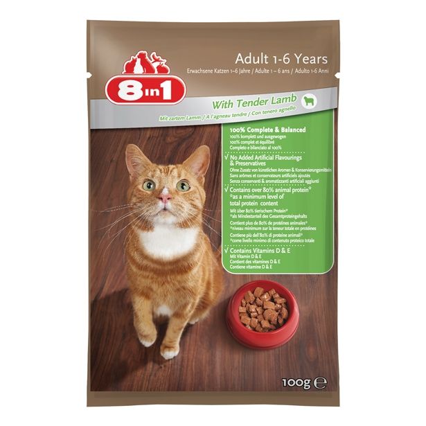 MOKRA HRANA ZA MAČKA 8 IN 1 HRANA 8IN1 ODRASLE MAČKE JAGNJE, 100G VREČKA