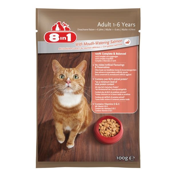 MOKRA HRANA ZA MAČKA 8 IN 1 HRANA 8IN1 ODRASLE MAČKE LOSOS, 100G VREČKA