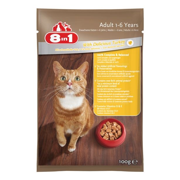 MOKRA HRANA ZA MAČKA 8 IN 1 HRANA 8IN1 ODRASLE MAČKE, PURAN, 100G VREČKA