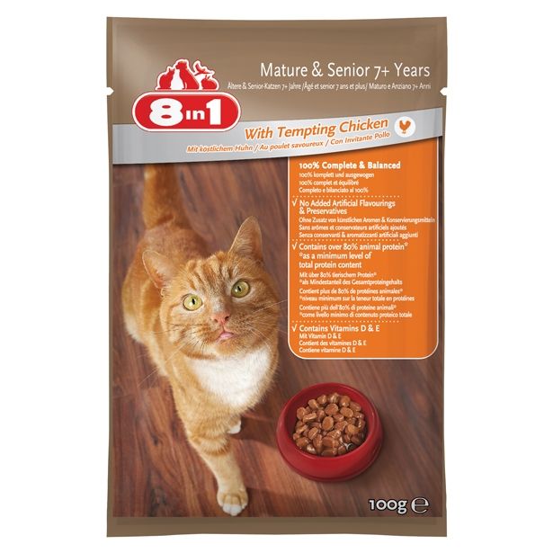 MOKRA HRANA ZA MAČKA 8 IN 1 HRANA 8IN1 STAREJŠE MAČKE PIŠČANEC, 100G VREČKA