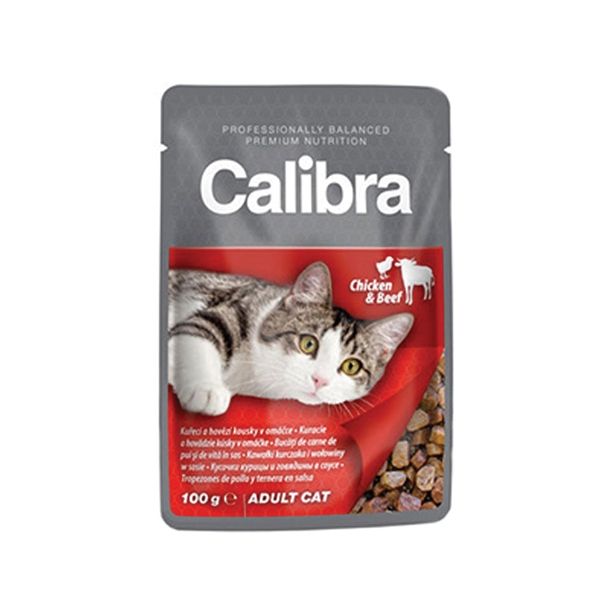 MOKRA HRANA ZA MAČKA CALIBRA PIŠČANEC GOVEDINA V OMAKI 100 G VREČKA