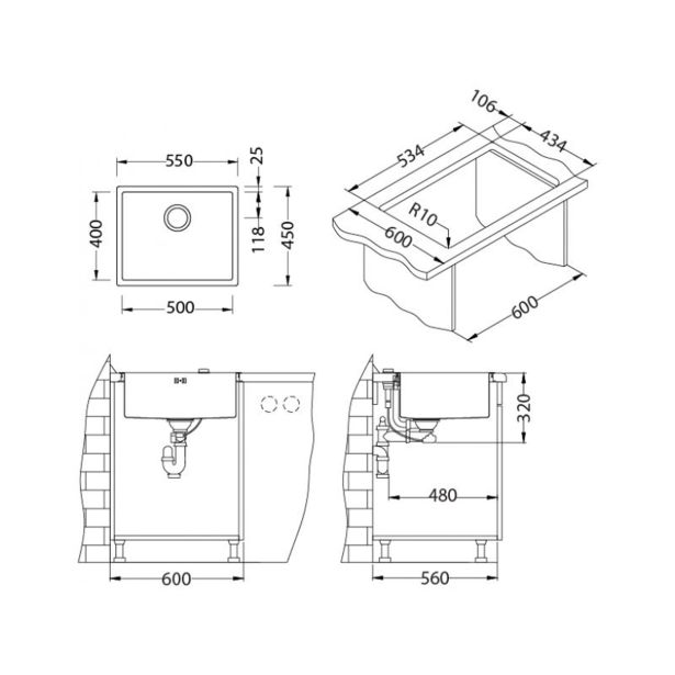 NERJAVNO POMIVALNO KORITO ALVEUS MONARCH QUADRIX 50,COPPER 550X450 MM