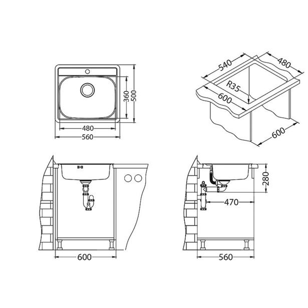 NERJAVNO POMIVALNO KORITO ALVEUS MORE 10, LEINEN 560X500 MM