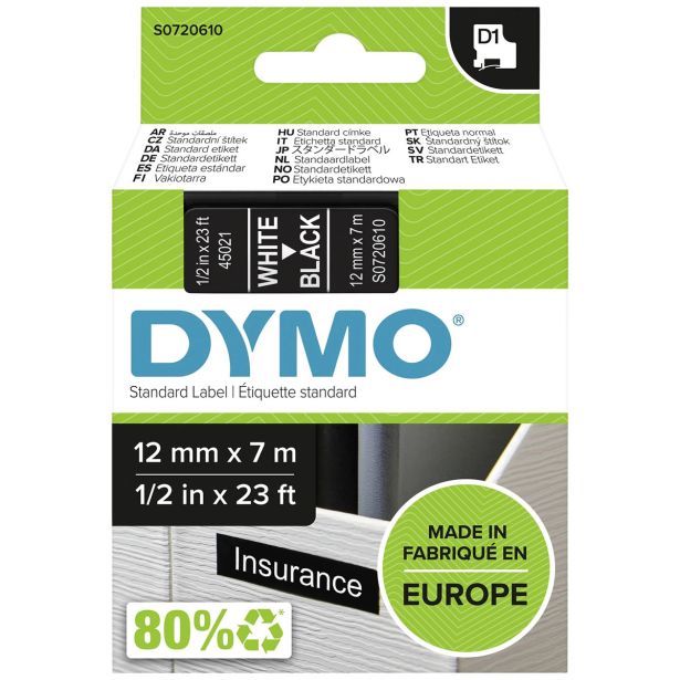 NALEPKE IN TRAKOVI DYMO D1 TRAK 12 MM BELA NA ČRNI, 45021