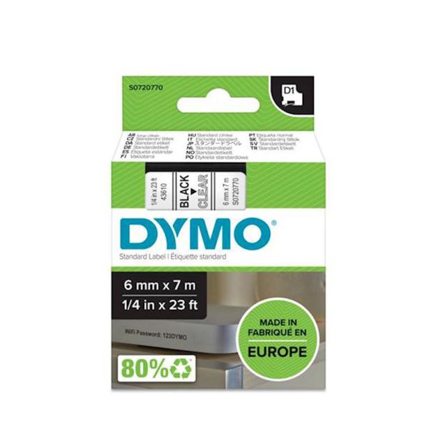 NALEPKE IN TRAKOVI DYMO D1 TRAK 6 MM ČRNA NA PROZORNI, 43610