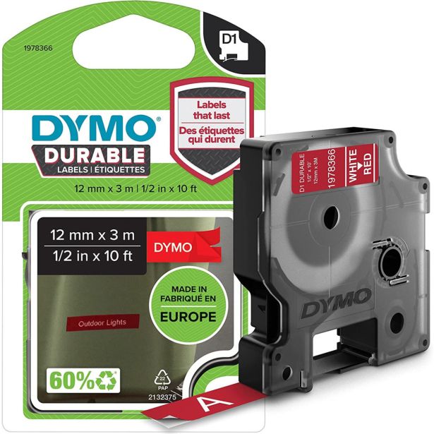 NALEPKE IN TRAKOVI DYMO DURABLE TRAK 12 MM D1, ČRNA NA RDEČO