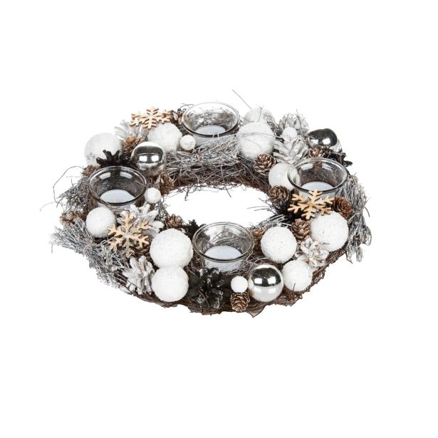 NAMIZNA DEKORACIJA GLOSSTYLE BELI ADVENTNI VENEC S 4 KOZARČKI PREMERA 32 CM