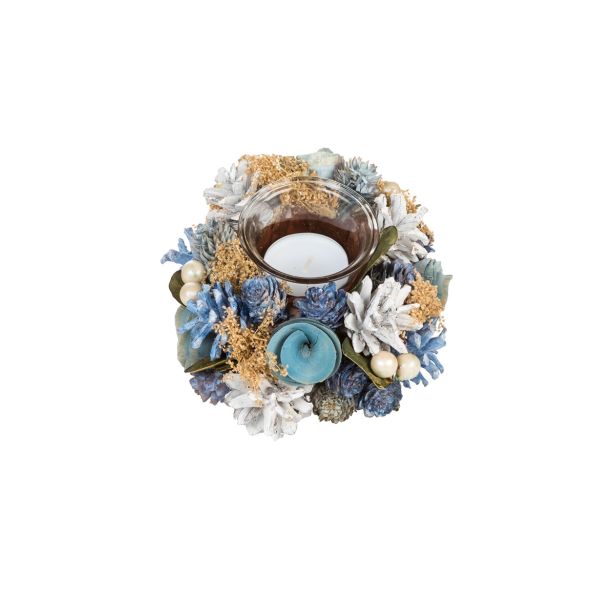 NAMIZNA DEKORACIJA GLOSSTYLE SVEČNIK FI 17 CM SREBRNO MODRI S STEKLENIM KOZ.