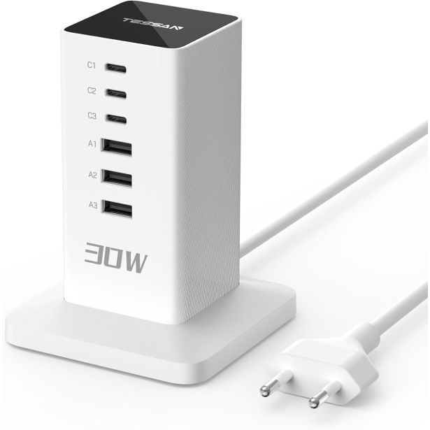 NAMIZNA POLNILNA POSTAJA TESSAN CS04-EU-WH Z 3X USB-C IN 3X USB-A ,30W