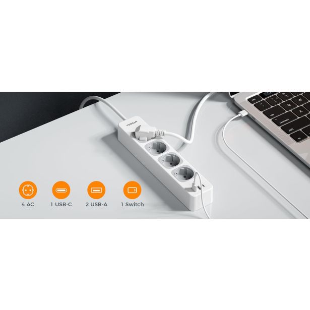 NAMIZNI RAZDELILEC TESSAN 307C 4X VTIČNICA, 2X USB-A, 1X USB-C, STIKALO