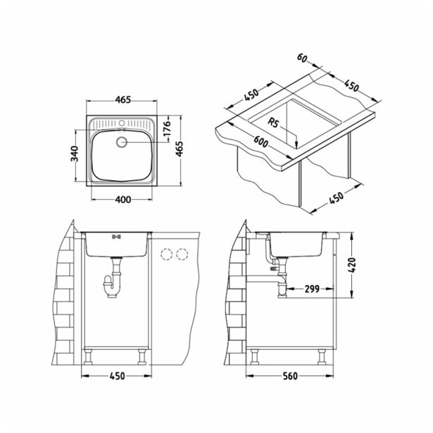 NERJAVNO POMIVALNO KORITO ALVEUS BASIC 130, SATIN 465X465 MM