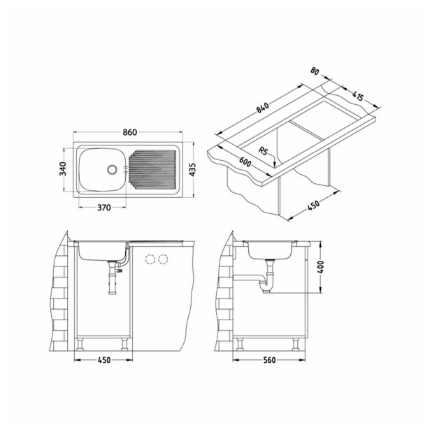 NERJAVNO POMIVALNO KORITO ALVEUS BASIC 60, LEINEN 860X435 MM
