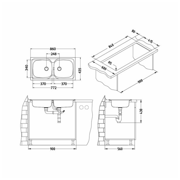 NERJAVNO POMIVALNO KORITO ALVEUS BASIC 70, SATIN 860X435 MM