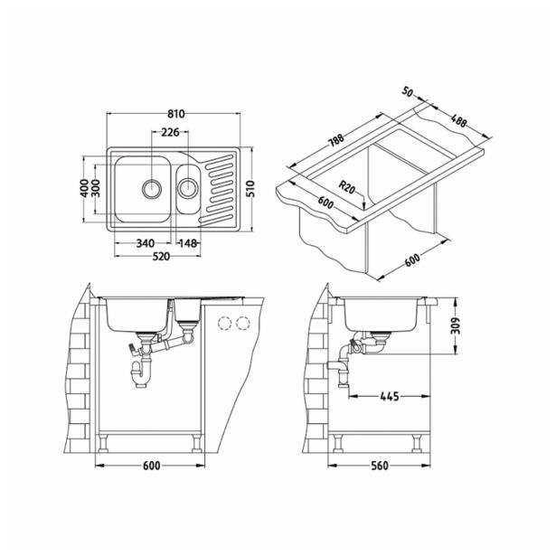 NERJAVNO POMIVALNO KORITO ALVEUS ELEGANT 110, SATIN 810X510 MM