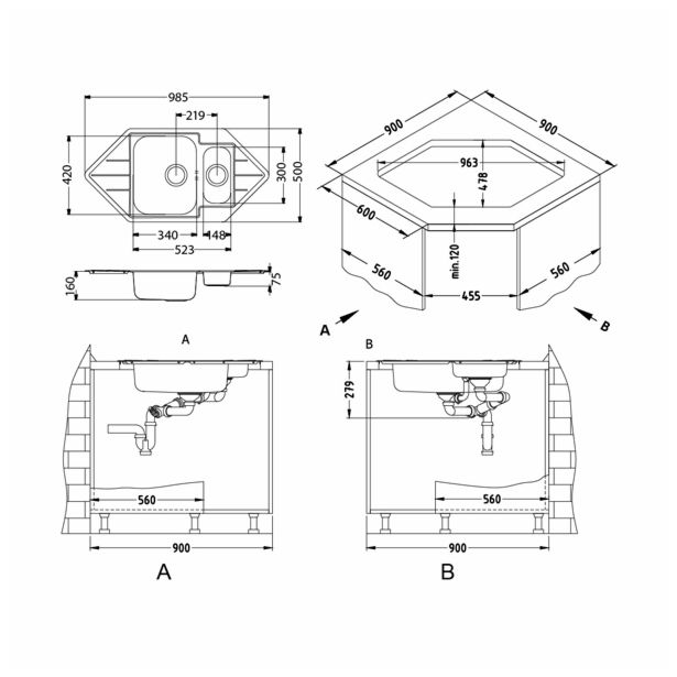 NERJAVNO POMIVALNO KORITO ALVEUS LINE 40, SATIN 985X500 MM