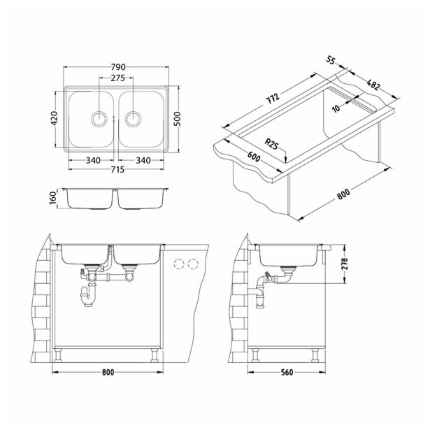 NERJAVNO POMIVALNO KORITO ALVEUS LINE 90, SATIN 790X500 MM
