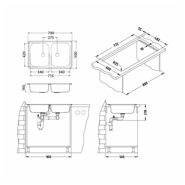 NERJAVNO POMIVALNO KORITO ALVEUS LINE 90, SATIN 790X500 MM