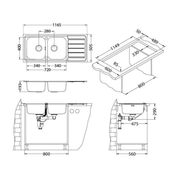 NERJAVNO POMIVALNO KORITO ALVEUS LINE MAXIM 100, SATIN 1165X505 MM FS
