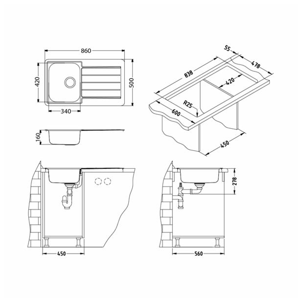 NERJAVNO POMIVALNO KORITO ALVEUS LINE MAXIM 20, SATIN 860X500 MM