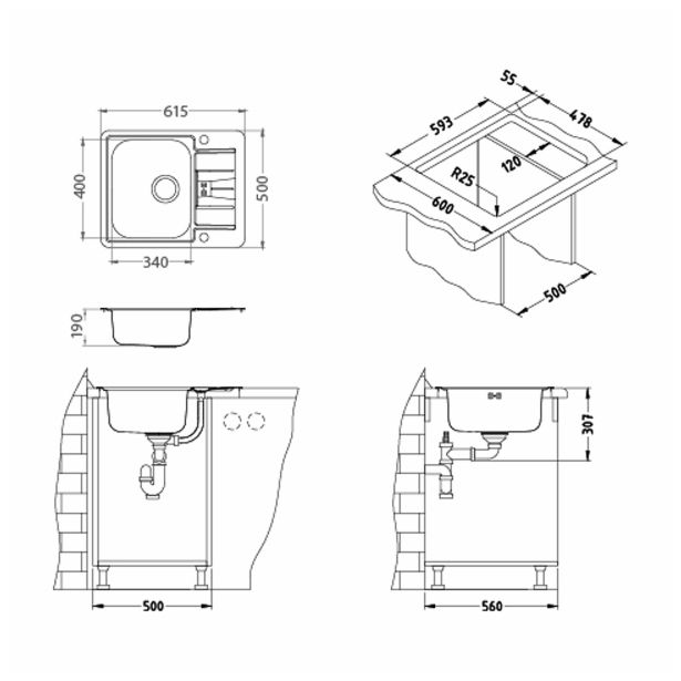 NERJAVNO POMIVALNO KORITO ALVEUS LINE MAXIM 60, SATIN 615X500 MM