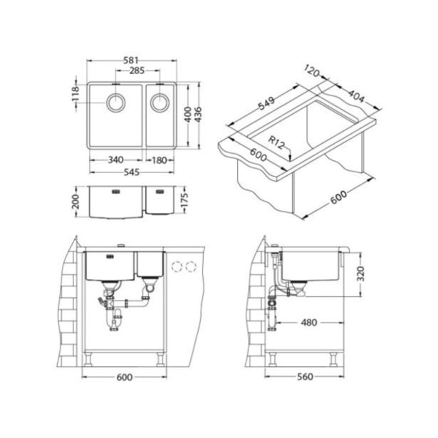NERJAVNO POMIVALNO KORITO ALVEUS MONARCH QUADRIX 120 ANTHRACITE 581X436, LEVI