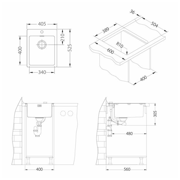 NERJAVNO POMIVALNO KORITO ALVEUS PURE 10, SATIN 405X525 MM