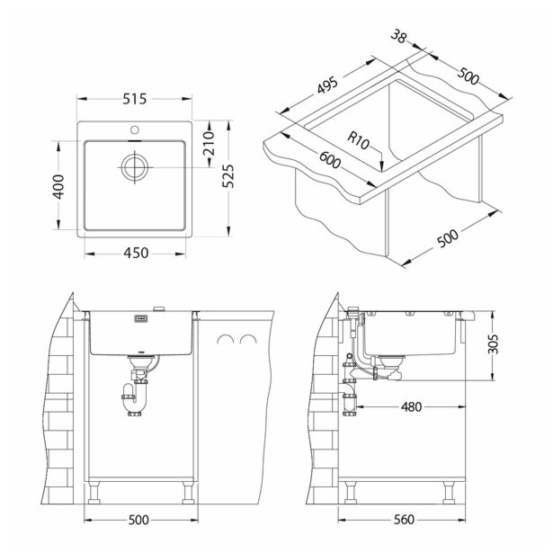 NERJAVNO POMIVALNO KORITO ALVEUS PURE 30, SATIN 515X525 MM