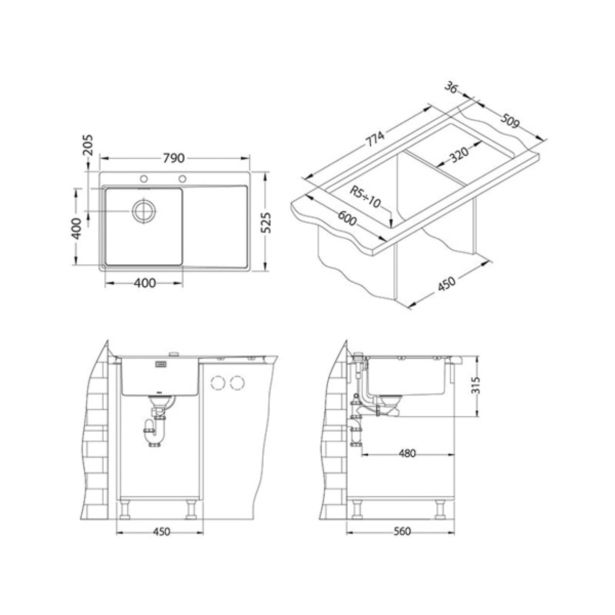 NERJAVNO POMIVALNO KORITO ALVEUS PURE UP 40, SATIN 790X525 MM, DESNI