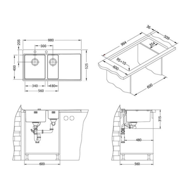 NERJAVNO POMIVALNO KORITO ALVEUS PURE UP 60, SATIN 980X525 MM LEVI